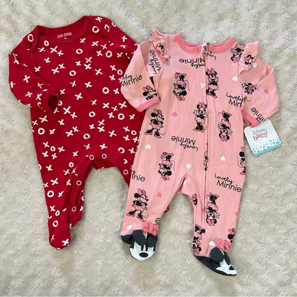 Disney Baby Minnie Mouse Footed Sleeper Okie Dokie Red White Romper XO Print - Picture 1 of 6